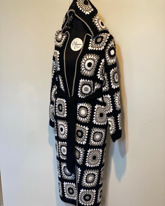 Hooded Belted Cardigan Long Hooded Coat, Granny Square Cardigan