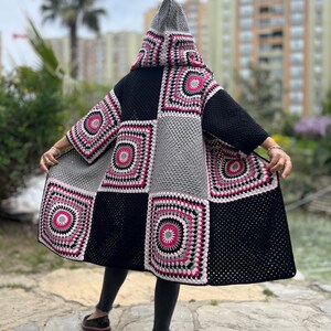 Crochet Hooded Granny Square Cardigan with Colorful Cotton Yarn, Boho Oversized Retro Jacket for Women, Fall Fashion Gift image 12