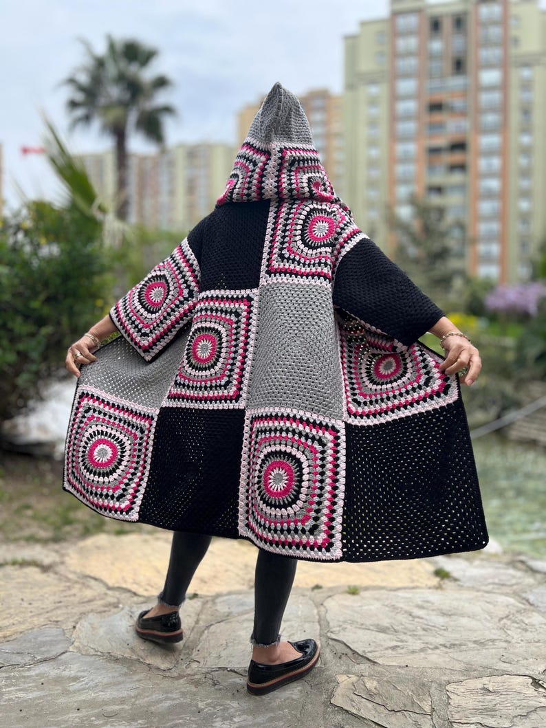 Crochet Hooded Granny Square Cardigan with Colorful Cotton Yarn, Boho Oversized Retro Jacket for Women, Fall Fashion Gift image 12