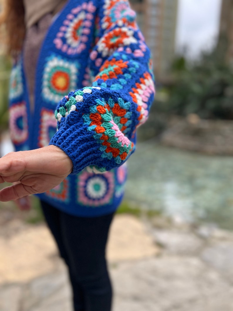 Blue Crochet Sweater, Granny Square Cardigan, Colorful Cardigan, Hippie Coat, Knit Jacket, Oversize Cardigan, Boho Coat, Loose Cardigan image 6