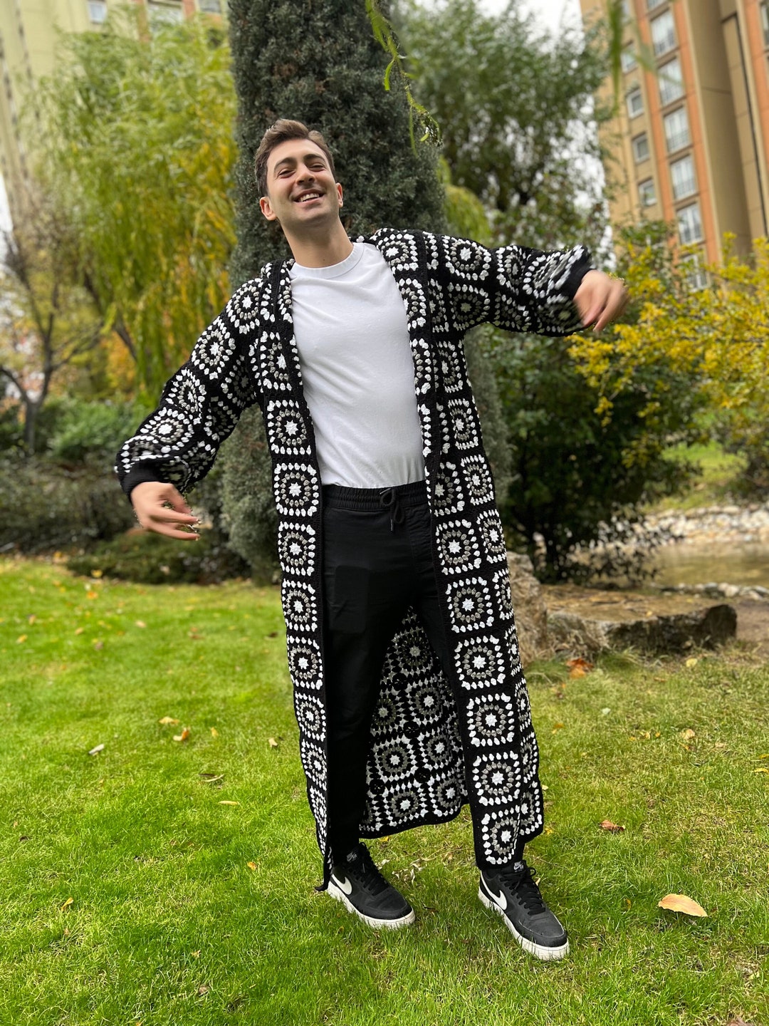 Crochet Men Jacket, Granny Square Coat, Unisex Cardigan, Black