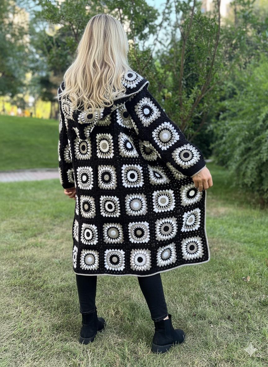 Granny Square Cardigan, Hooded Sweater, Crochet Jacket, White