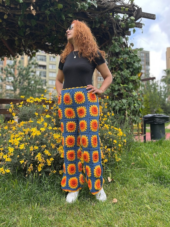 Knit Sunflower Pants, High Waisted Pants, Wide Leg Trousers, Crochet Pants,  Hippie Pants, Bell Bottoms, Flare Pants, Summer Pants 