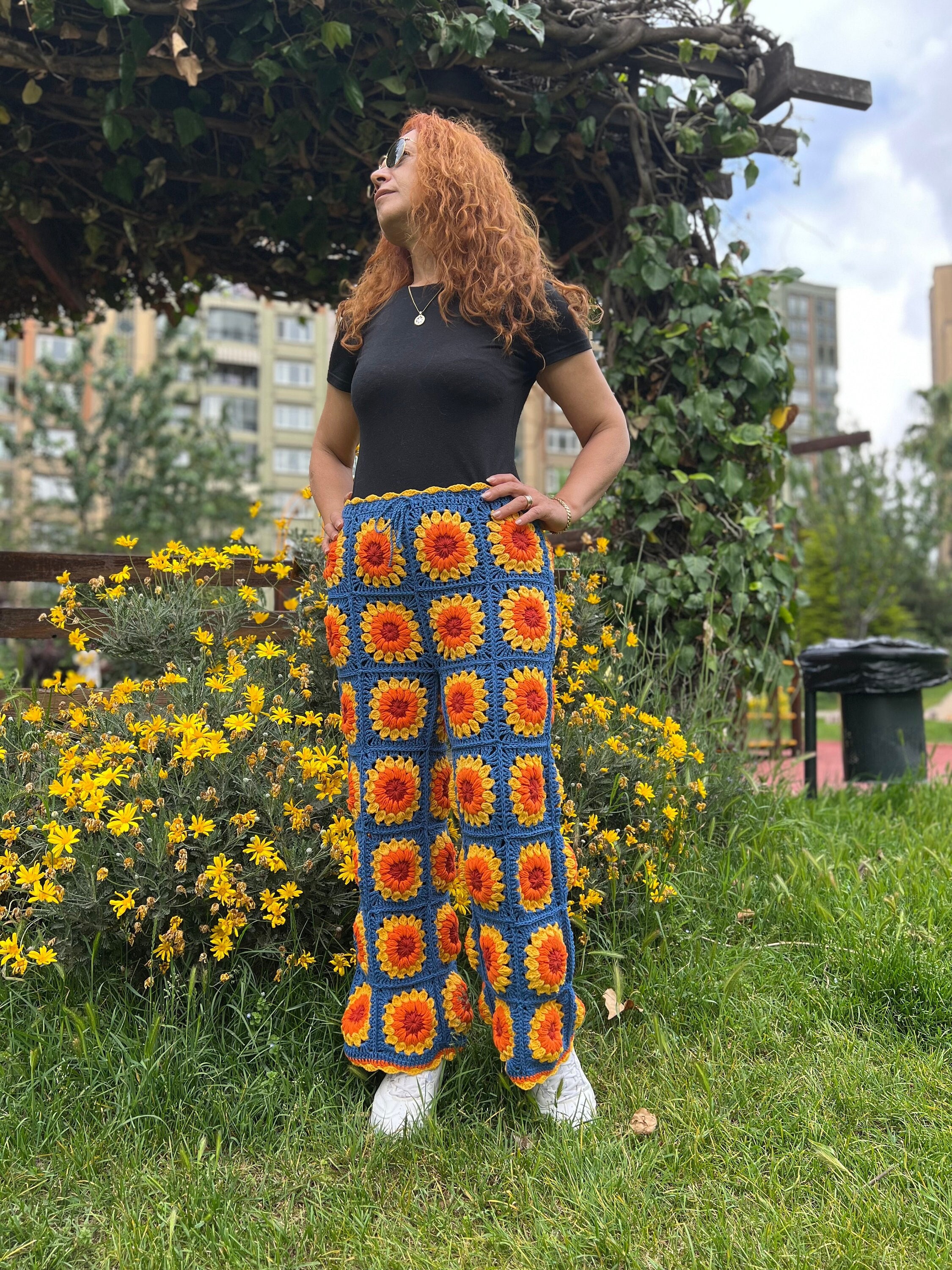 Knit Sunflower Pants, High Waisted Pants, Wide Leg Trousers, Crochet Pants, Hippie Pants, Bell Bottoms, Flare Pants, Summer Pants - Etsy Knit Sunflower Pants, High Waisted Pants, Wide Leg Trousers, Crochet Pants, Hippie Pants, Bell Bottoms, Flare Pants, Summer Pants - Etsy