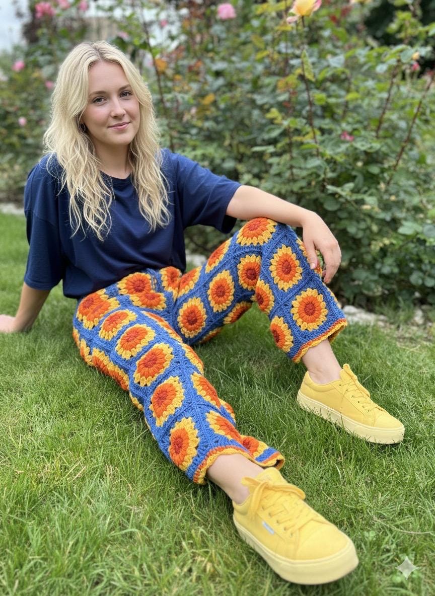 Knit Sunflower Pants, High Waisted Pants, Wide Leg Trousers