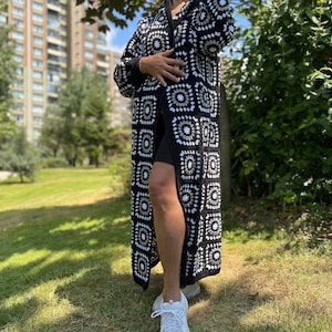 Granny Square Coat, Black White Cardigan, Crochet Jacket, Bohemian Cardigan, Knit Long Sweater, Loose Cardigan, Afghan Coat, Hooded Coat image 3