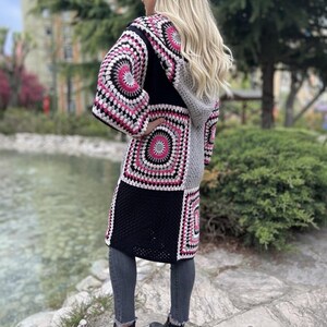 Crochet Hooded Granny Square Cardigan with Colorful Cotton Yarn, Boho Oversized Retro Jacket for Women, Fall Fashion Gift image 7