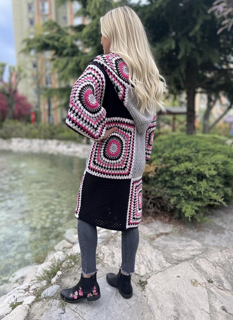 Crochet Hooded Granny Square Cardigan with Colorful Cotton Yarn, Boho Oversized Retro Jacket for Women, Fall Fashion Gift image 7