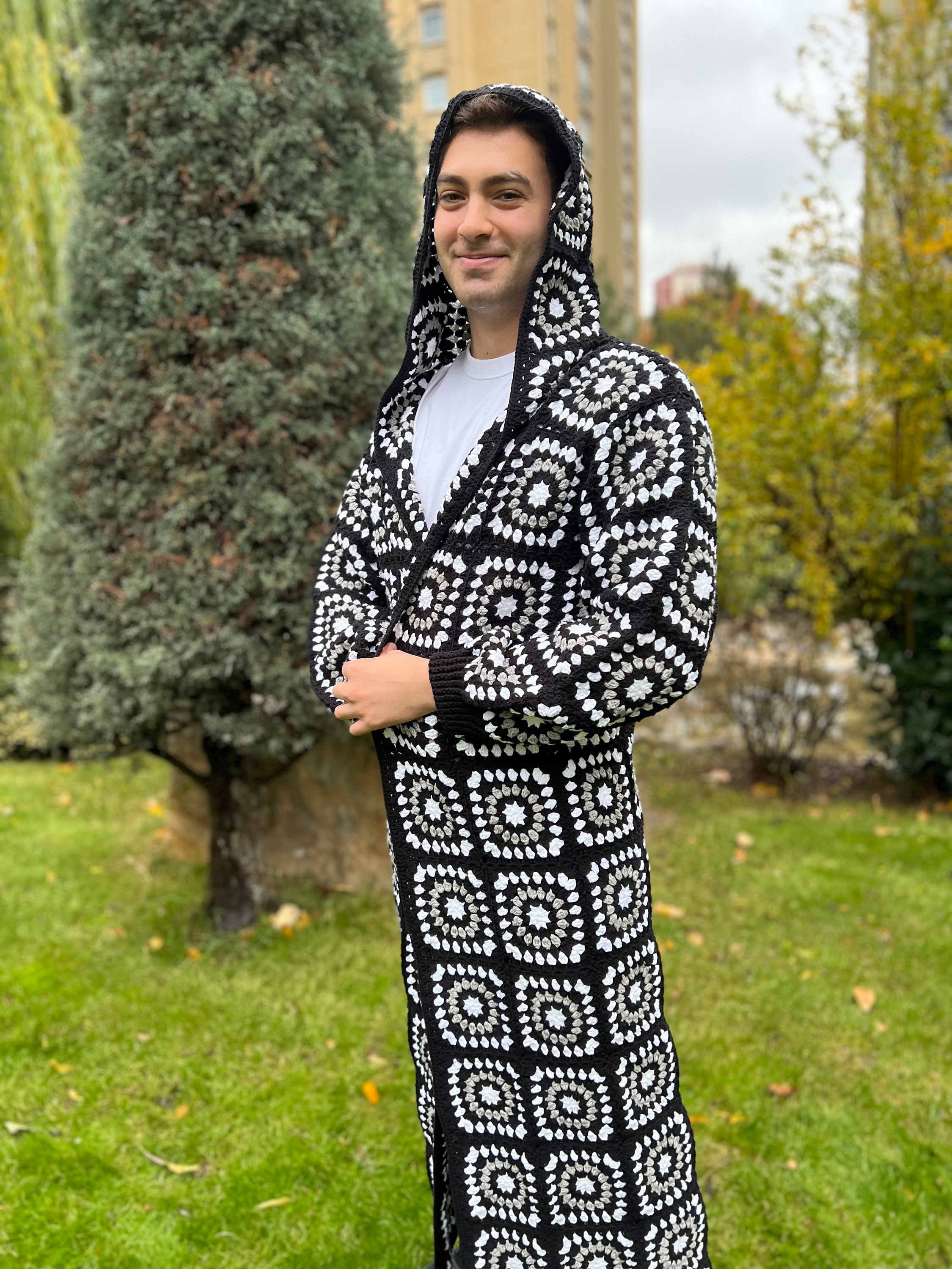 Crochet Men Jacket, Granny Square Coat, Unisex Cardigan