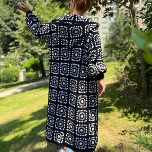 Granny Square Coat, Black White Cardigan, Crochet Jacket, Bohemian Cardigan, Knit Long Sweater, Loose Cardigan, Afghan Coat, Hooded Coat image 8