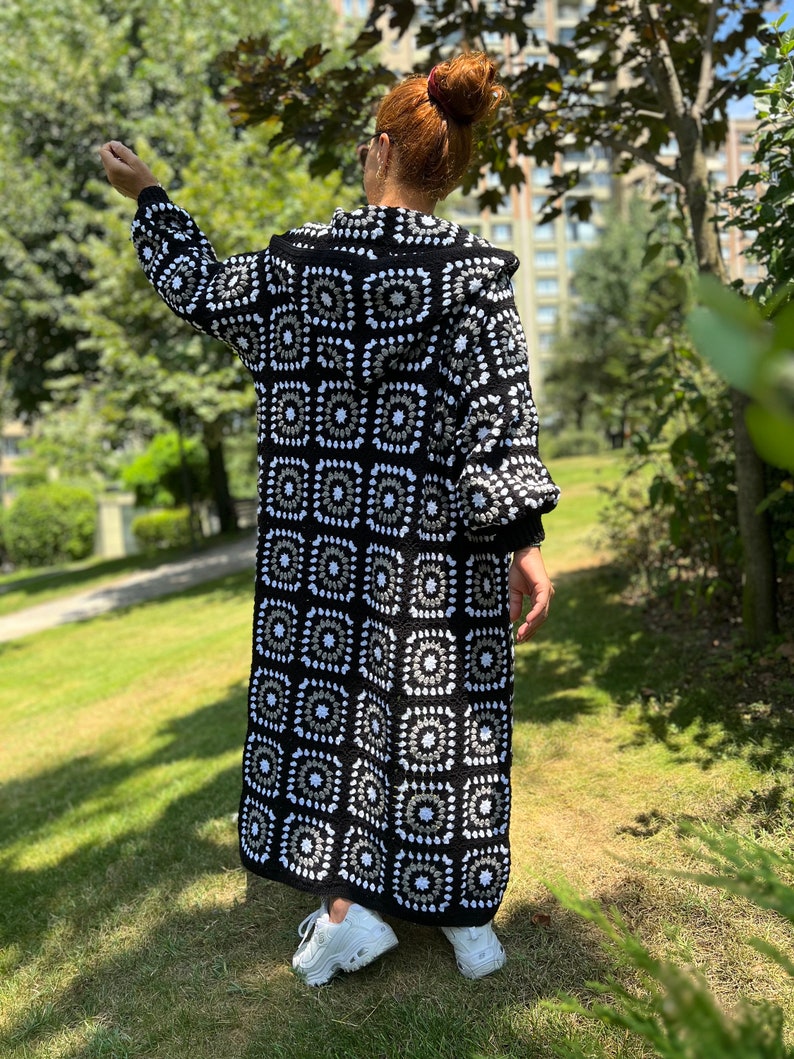 Granny Square Coat, Black White Cardigan, Crochet Jacket, Bohemian Cardigan, Knit Long Sweater, Loose Cardigan, Afghan Coat, Hooded Coat image 8