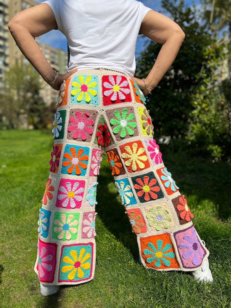 Knit Floral Pants, Wide Leg Trousers, Hippie Pants, Colorful Trousers, Crochet Pants, Beach Long Pants, Women Floral Jeans, Flare Pants image 4