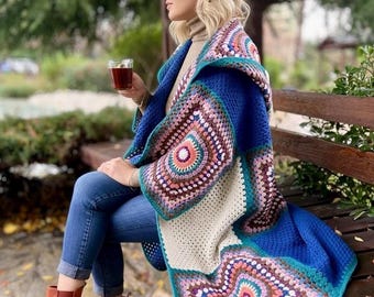 Abrigo de crochet cuadrado de abuela, cárdigan largo de patchwork con capucha hecho a mano