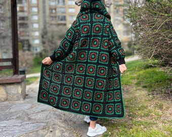 Abrigo de cuadros de abuela, cárdigan negro y verde, chaqueta de ganchillo, cárdigan bohemio, suéter largo de punto, cárdigan holgado, abrigo afgano, abrigo con capucha