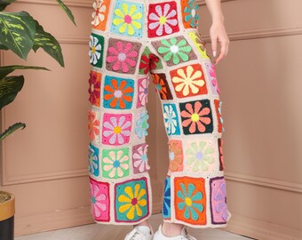Knit Floral Pants, Wide Leg Trousers, Hippie Pants, Colorful