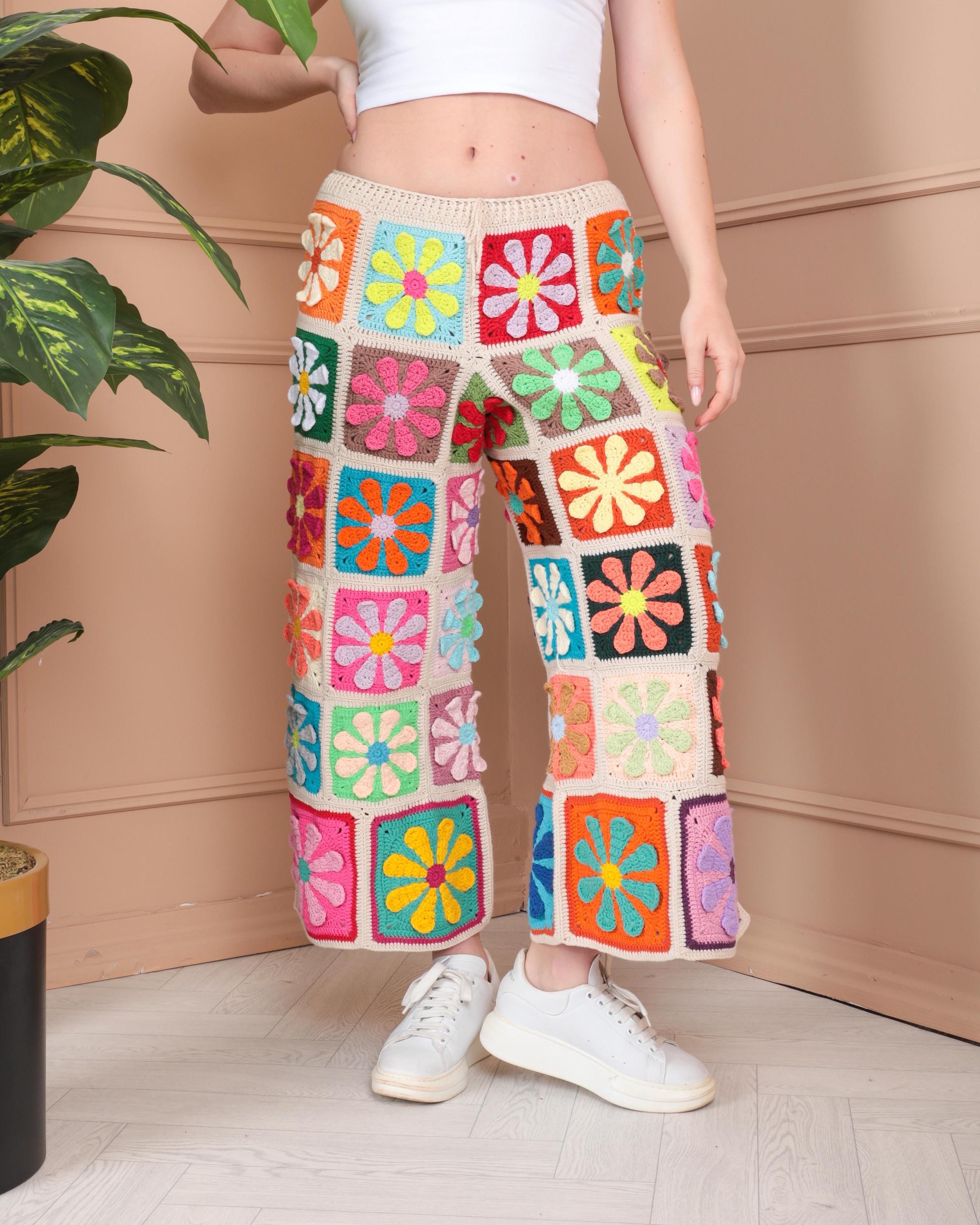Knit Floral Pants, Wide Leg Trousers, Hippie Pants, Colorful