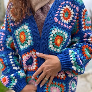 Blue Crochet Sweater, Granny Square Cardigan, Colorful Cardigan, Hippie Coat, Knit Jacket, Oversize Cardigan, Boho Coat, Loose Cardigan image 2