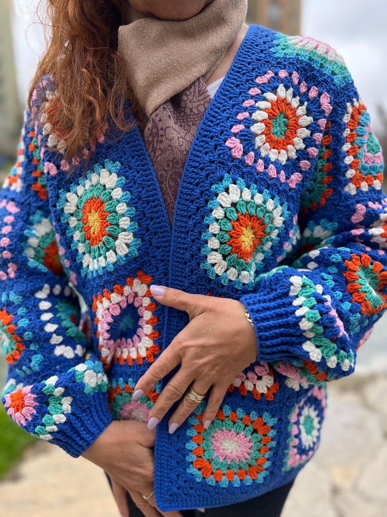 Blue Crochet Sweater, Granny Square Cardigan, Colorful Cardigan, Hippie Coat, Knit Jacket, Oversize Cardigan, Boho Coat, Loose Cardigan image 2