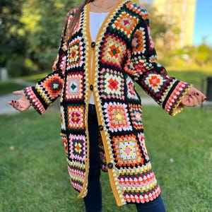 Granny Square Colorful Crochet Coat, Handmade Cardigan, Cotton Hippie Jacket, Wool Long Sweater, Crochet Stylish Coat, Multicolor Cardigan
