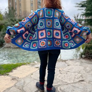 Blue Crochet Sweater, Granny Square Cardigan, Colorful Cardigan, Hippie Coat, Knit Jacket, Oversize Cardigan, Boho Coat, Loose Cardigan image 4
