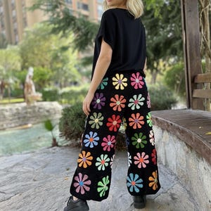 Crochet Black Floral Pants With Tie, Knit Daisy Pants, Wide Leg Trousers, Hippie Pants, Cotton Loose Pants, Colorful Pants, Flare Jean image 8