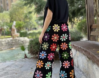 Crochet Black Floral Pants With Tie, Knit Daisy Pants, Wide Leg