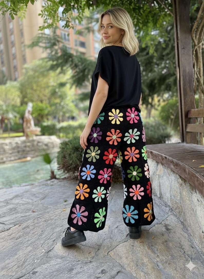 Crochet Black Floral Pants With Tie, Knit Daisy Pants, Wide Leg Trousers, Hippie Pants, Cotton Loose Pants, Colorful Pants, Flare Jean image 8