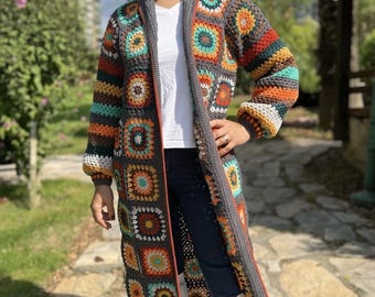 Crochet Shawl Collar Granny Square Coat, Long Cotton Cardigan, Hand Knitted Jacket