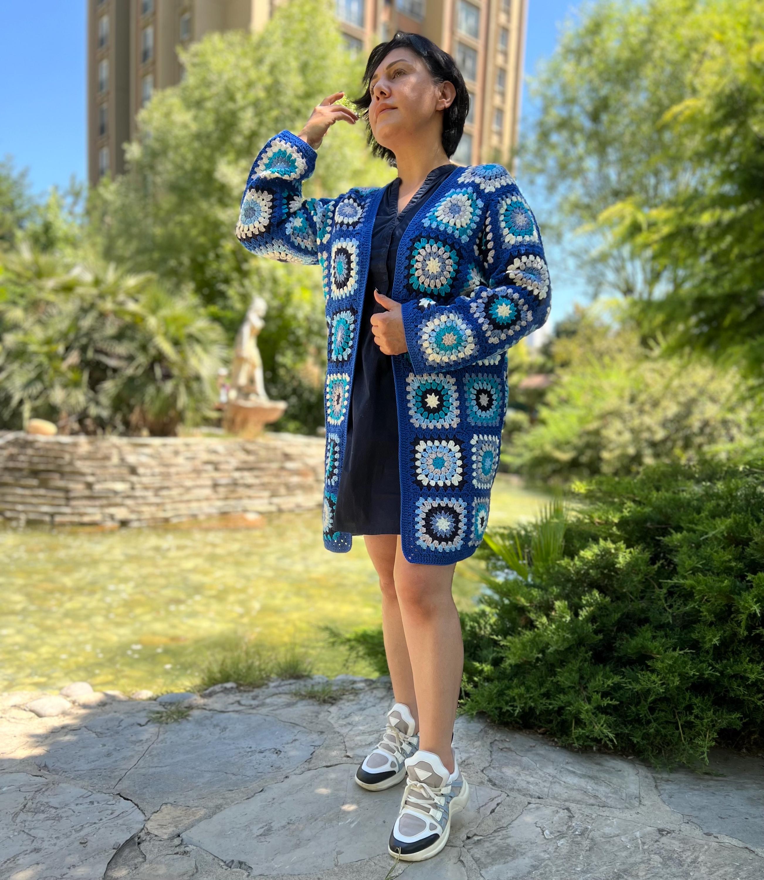 Blue Granny Square Crochet Cardigan, Handmade Long Winter Coat - Etsy