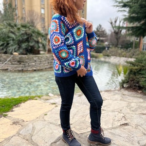 Blue Crochet Sweater, Granny Square Cardigan, Colorful Cardigan, Hippie Coat, Knit Jacket, Oversize Cardigan, Boho Coat, Loose Cardigan image 10