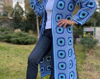 Blue Cardigan,  Evil Eye Granny Square Cardigan, Afghan Coat, Patchwork Cardigan, Crochet Jacket, Oversize Coat, Crochet Boho Sweater