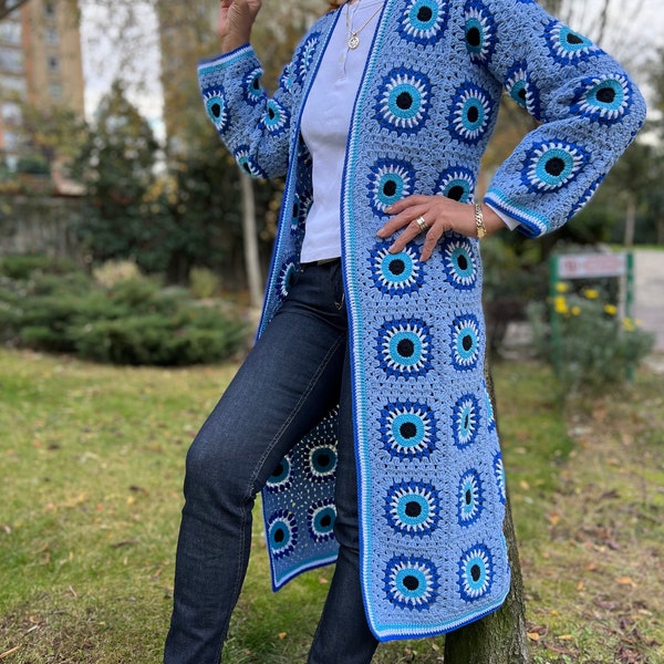 Blue Cardigan,  Evil Eye Granny Square Cardigan, Afghan Coat, Patchwork Cardigan, Crochet Jacket, Oversize Coat, Crochet Boho Sweater