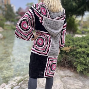 Crochet Hooded Granny Square Cardigan with Colorful Cotton Yarn, Boho Oversized Retro Jacket for Women, Fall Fashion Gift image 8