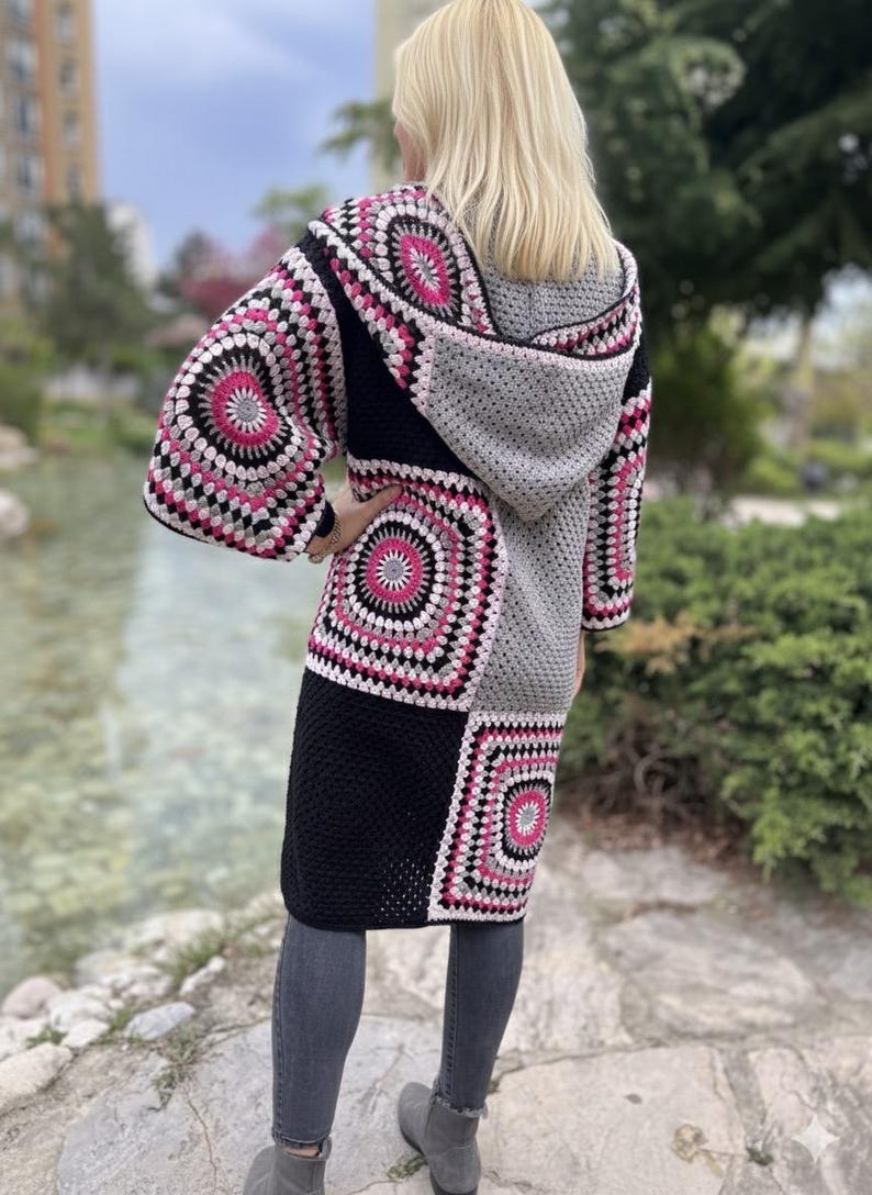 Crochet Hooded Granny Square Cardigan with Colorful Cotton Yarn, Boho Oversized Retro Jacket for Women, Fall Fashion Gift image 8