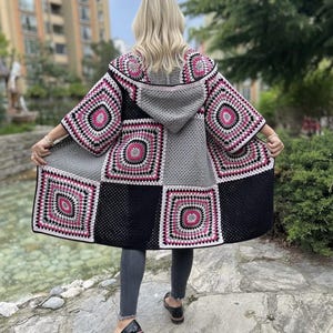 Crochet Hooded Granny Square Cardigan with Colorful Cotton Yarn, Boho Oversized Retro Jacket for Women, Fall Fashion Gift image 10