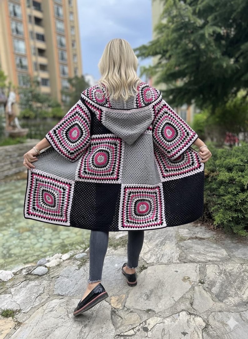Crochet Hooded Granny Square Cardigan with Colorful Cotton Yarn, Boho Oversized Retro Jacket for Women, Fall Fashion Gift image 10