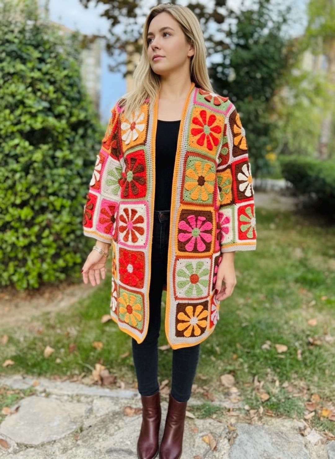 Crochet Colorful Floral Cardigan, Daisy Cardigan, Oversize Hippie