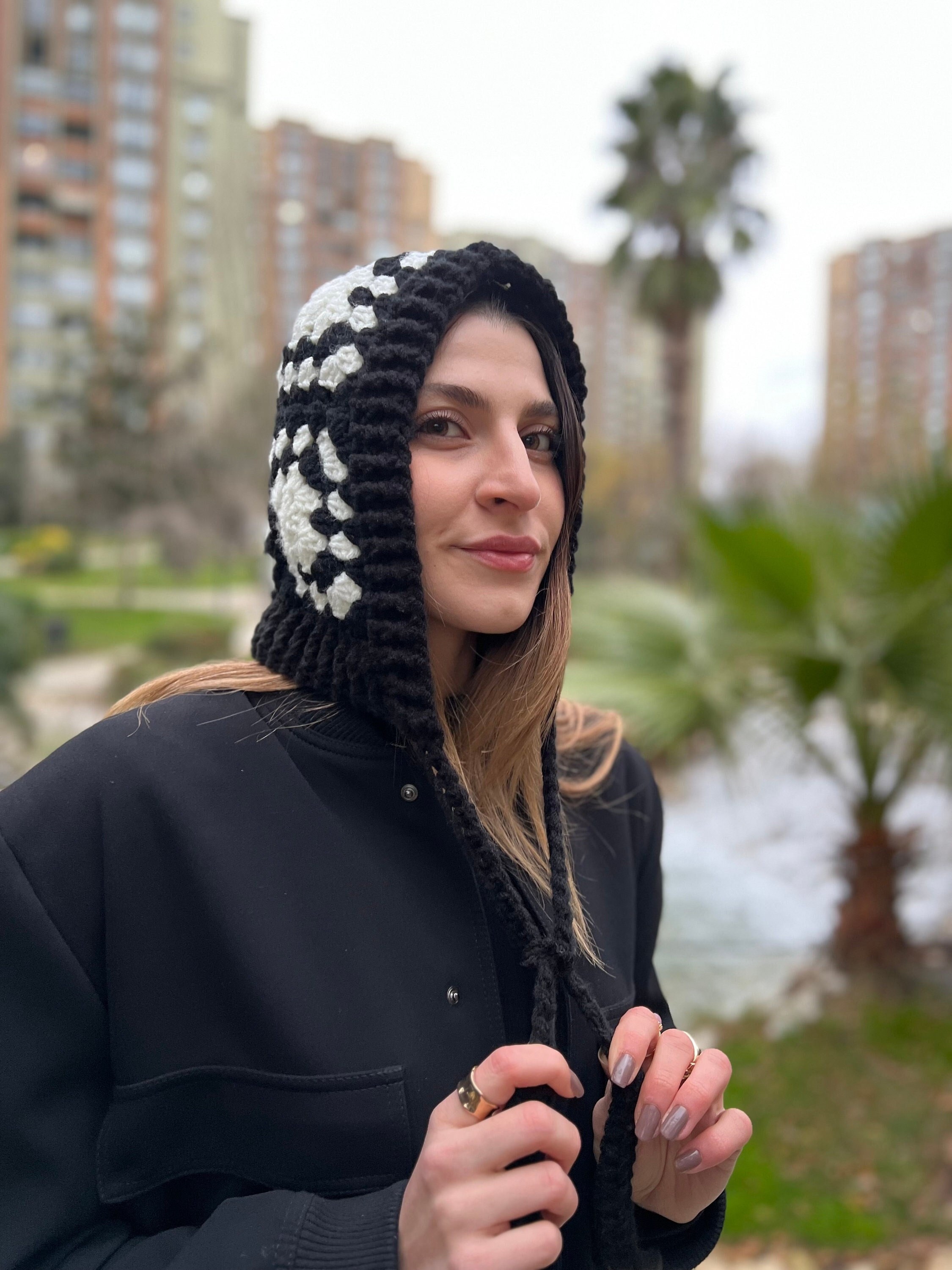 Crochet Balaclava, Hand Knit Tie Bonnet, Black White Bonnet