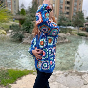 Blue Crochet Sweater, Granny Square Cardigan, Colorful Cardigan, Hippie Coat, Knit Jacket, Oversize Cardigan, Boho Coat, Loose Cardigan image 5