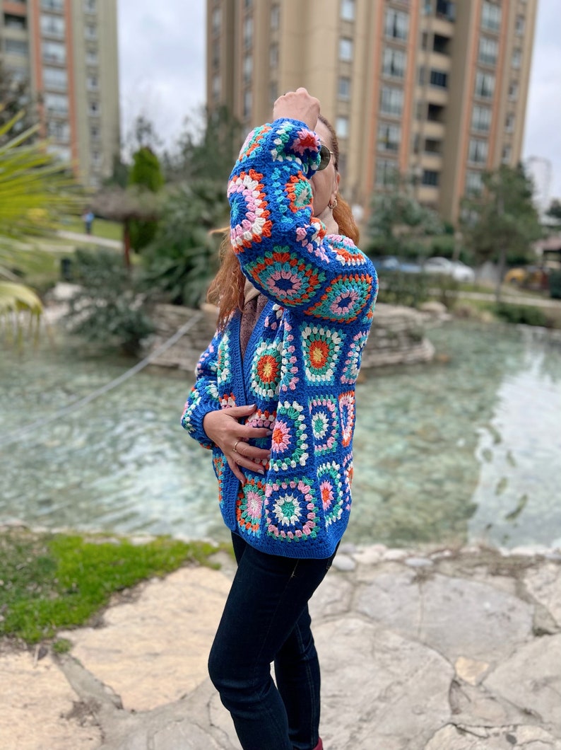 Blue Crochet Sweater, Granny Square Cardigan, Colorful Cardigan, Hippie Coat, Knit Jacket, Oversize Cardigan, Boho Coat, Loose Cardigan image 5