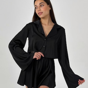 Silk Pajama Set for Women 2 Piece Loungewear with Button Up Shirt and Shorts Soft Sleepwear Bridal Gift Satin Lounge Set Beige Black White