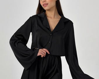 Silk Pajama Set for Women 2 Piece Loungewear with Button Up Shirt and Shorts Soft Sleepwear Bridal Gift Satin Lounge Set Beige Black White