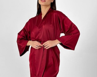 Burgundy Silk Robe for Women Elegant Satin Bridal Getting Ready Gown with 3/4 Sleeves Lightweight Loungewear Gift for Bride Bridesmaid Robes