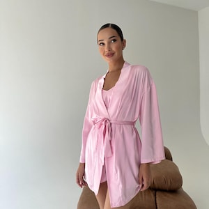 Barbie Pink Silk Satin Pajama Set 4 Piece Sexy Loungewear Robe Camisole Shorts Pants Bridal Sleepwear Gift for Her Women’s Nightwear