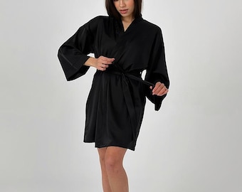 Bata de seda negra para mujer, bata de novia con mangas 3/4, suave y elegante, de satén negro, ideal como regalo de novia, bata de spa.