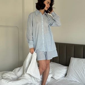Women Organic Pajama Set, Bridal pajamas, Wedding PJs, Hen party pajamas, Women Sleepwear, Blue cotton pajamas, Minimalist Matching sets