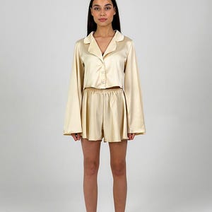 Beige Silk Pajama Set for Women 2 Piece Loungewear with Button Up Shirt and Shorts Satin Sleepwear Bridal Gift Soft Luxury Nightwear