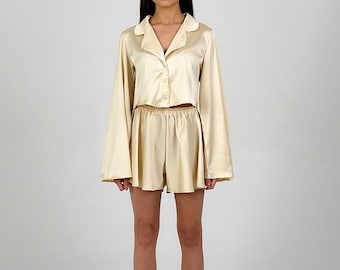 Beige Silk Pajama Set for Women 2 Piece Loungewear with Button Up Shirt and Shorts Satin Sleepwear Bridal Gift Soft Luxury Nightwear