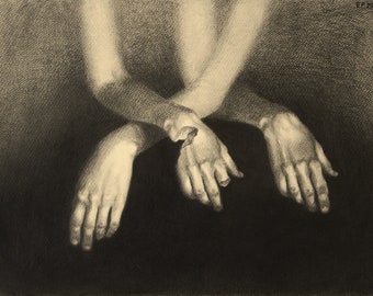 Original graphite pencil drawing, surreal hands illustration, gothic home decor, wall art