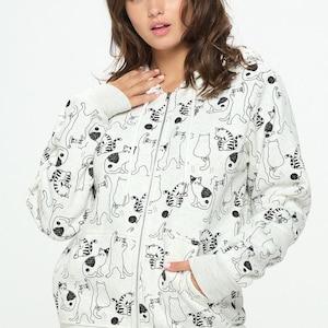 Dancing Cat Print Zipper Hoodie
